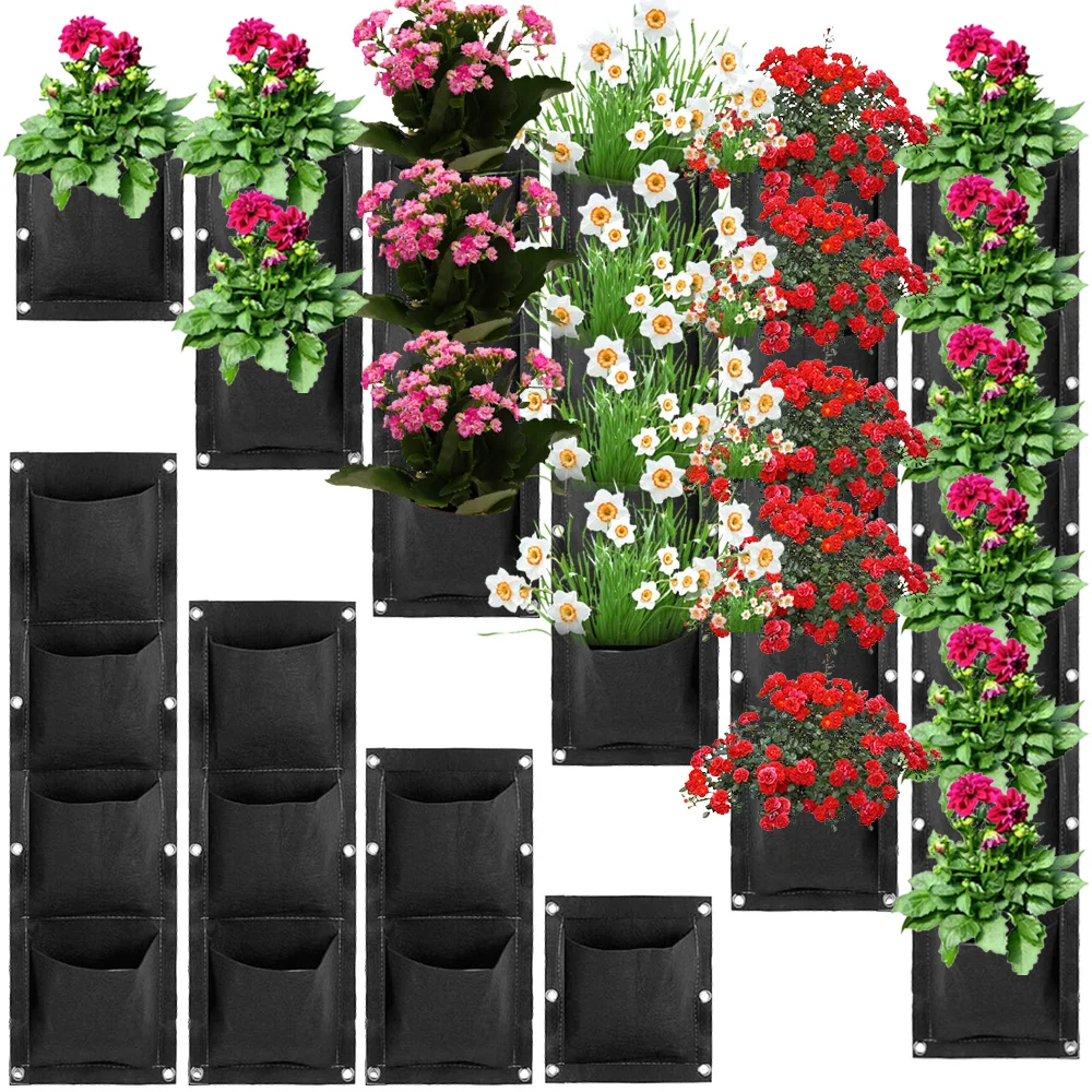 1PCS Flat Bottom Planting Pouch Vertical Grow Bags Wall-Mounted Hanging Flower Pots Nonwoven Fabric for Flower Potting Container