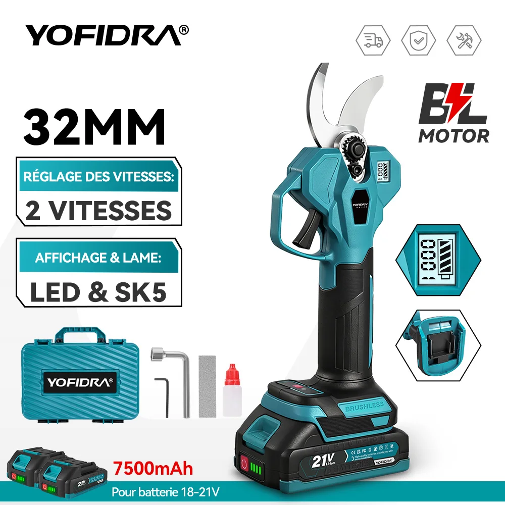 YOFIDRA – sécateur électrique sans balais, 32mm, 2 vitesses, sans fil, arbre fruitier, jardin, bonsaï, outil d'embellissement pour broche de batterie Makita