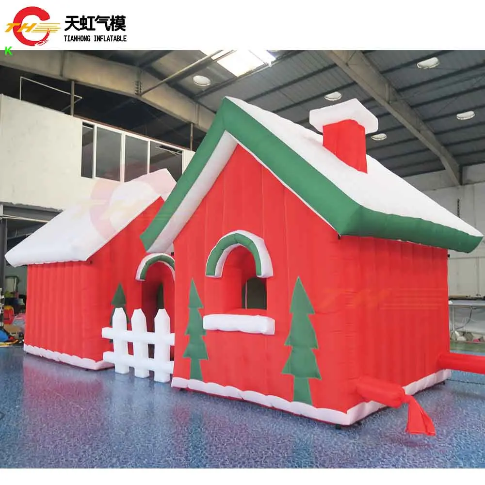 Snelle verzending 7x3m/8x4m opblaasbaar kersthuis met kerstman gigantisch opblaasbaar kersthuis met hek te koop