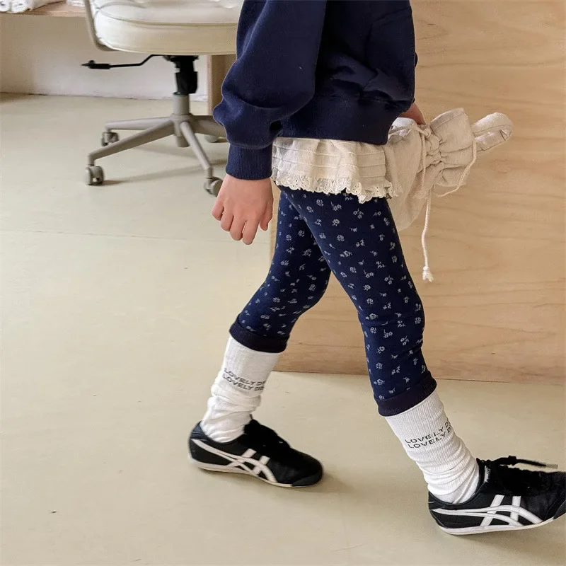 Girls' floral leggings baby girls' tight edges basic sandblasting elastic pants wearing outside tight pants