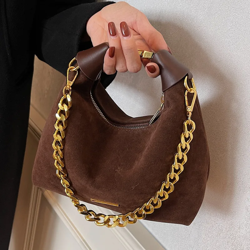 

New Vintage Women's Niche Suede Shoulder Bag Versatile Handbag Girls Chain Armpit Bag Simple Fashion Dumpling Bag Crossbody Bags