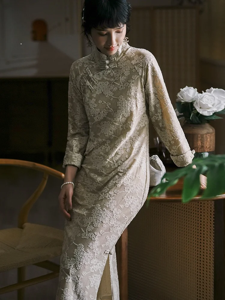 

Современное матовое платье Ципао в стиле Цзяннань, винтажное, обновленное, для повседневной носки, осень-зима 2024, китайское, с длинными рукавами