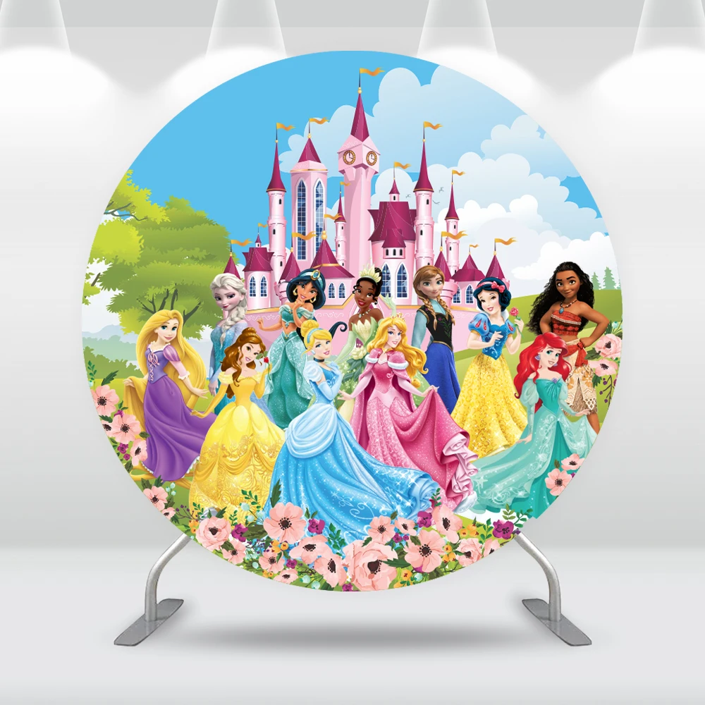 

Pink Castle Princess Round Backdrop Cover Customize Children Happy Birthday Party Decoration Circle Background Supplies Banner