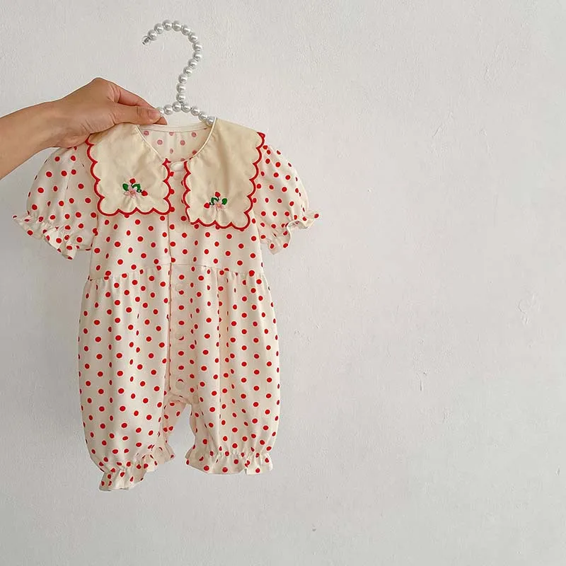 2023 New In Summer Puff Sleeve Dot Embroidery Flower Ruffles Outfits Infant Kids Baby Girls Jumpsuits Newborn Cotton Romper