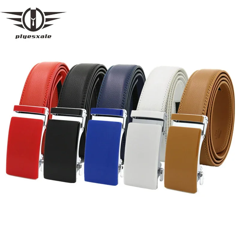 

Plyesxale Black White Blue Red Leather Belts For Men 3.5cm Width Brand Simple Designer Fashion Automatic Buckle Belt Male G1504