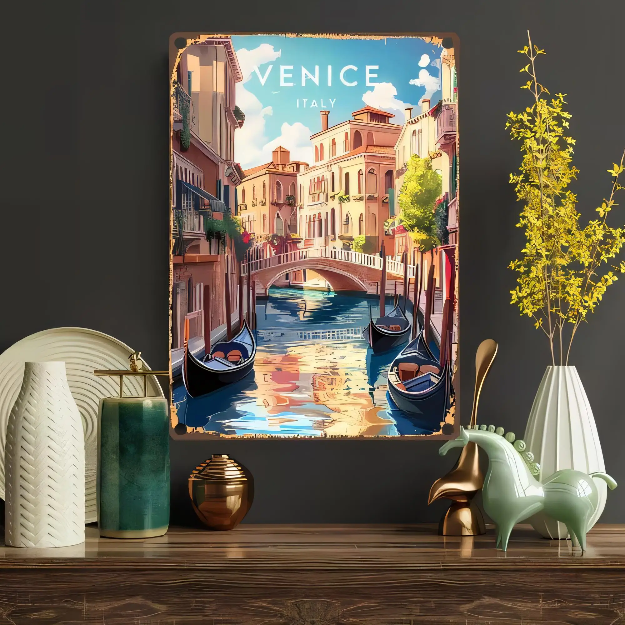 Tin Sign Venice Italy Gondola Canal Vintage Style Metal Wall Decor for Home Bar Cafe Restaurant, Retro Art Painting Poster Plaqu