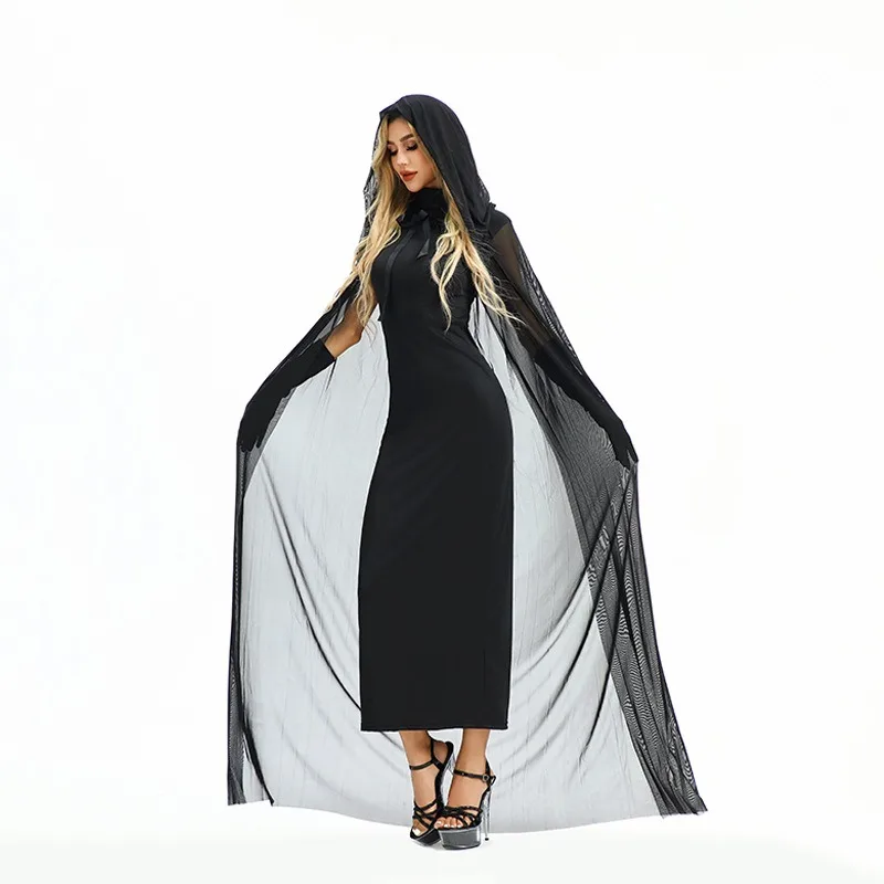 Vampire Cosplay Ghost Costume Medieval Witch Black Long Dress with Cloak Gloves Full Set for Women Halloween Carnival Party