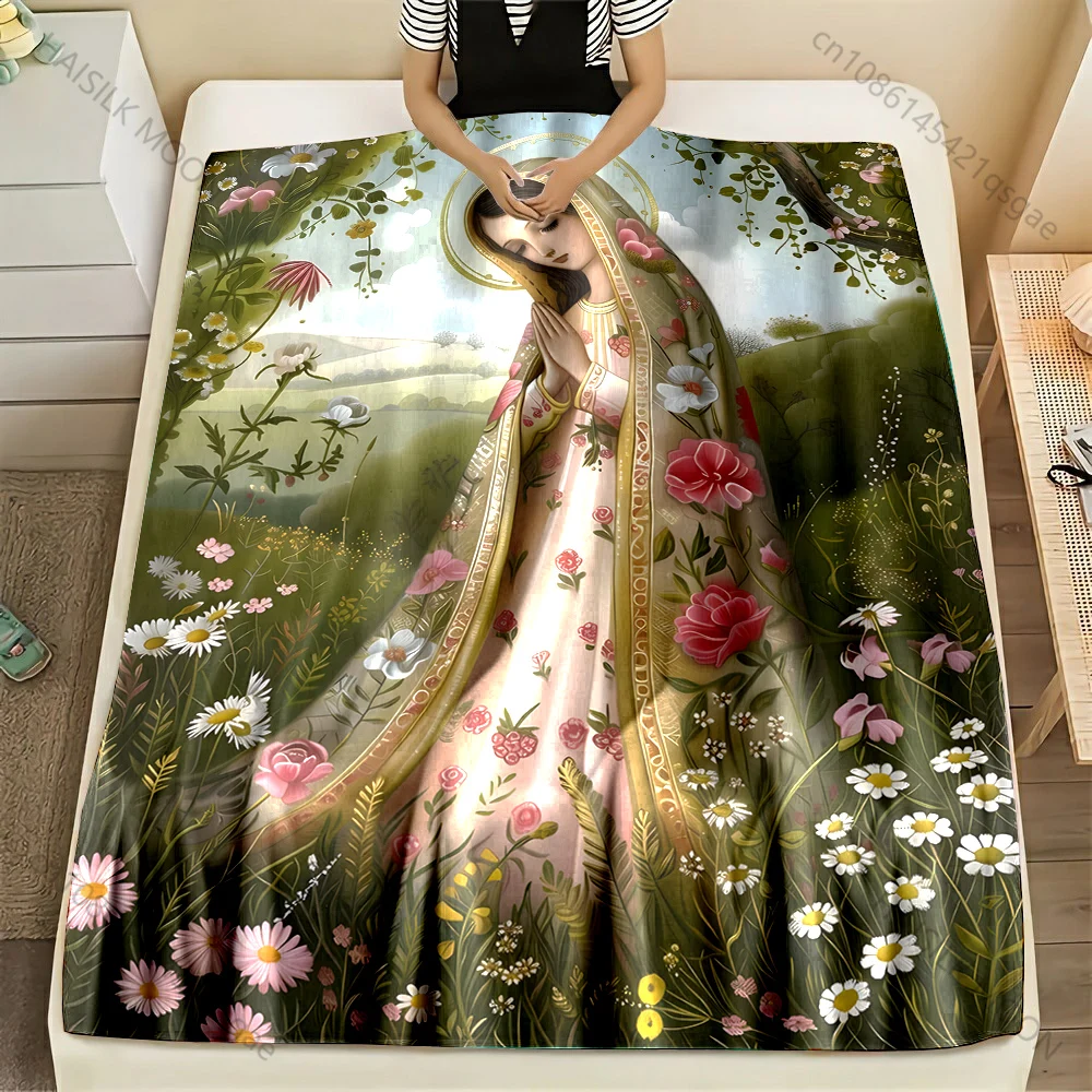 1PC Praying figure in flowers Print Blanket Warm Soft Fluffy Kids and Adult Sofa Bed Throw Blanket Outdoor Travel Camping RV