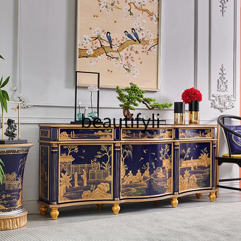 

French Chinese style royal blue villa entry solid wood decorative cabinet living room classical storage locker