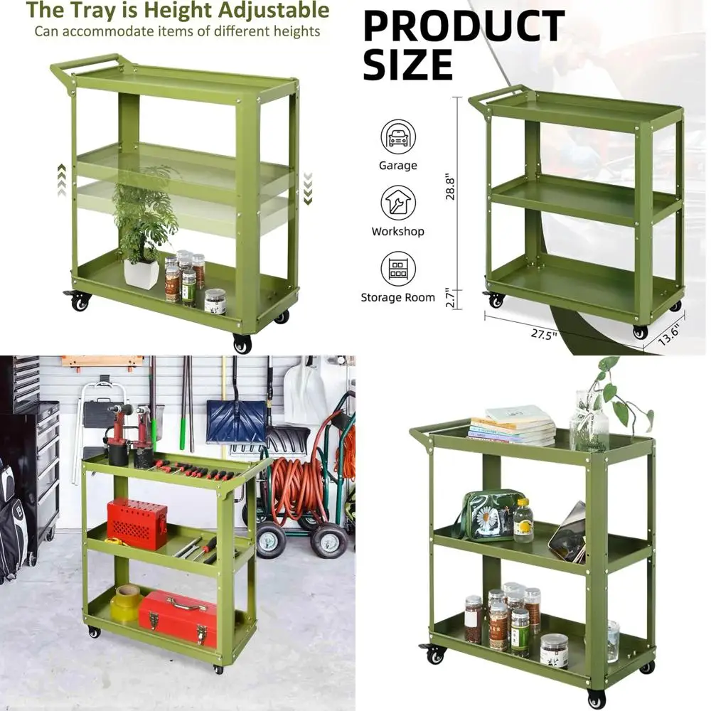 

3-Tier Metal Rolling Cart with Lockable Silent Wheels, 330 lbs Capacity for Home, Garage, Workshop