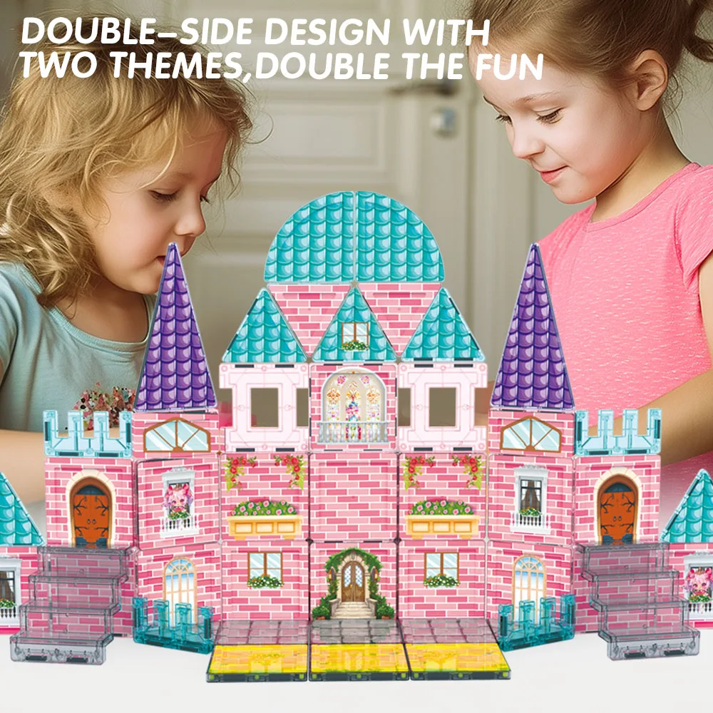 

Набор магнитных строительных блоков Pink Castle, магнитные плитки DIY, развивающие сенсорные игрушки Монтессори STEM, подарок для мальчиков и девочек, для детей от 3 лет