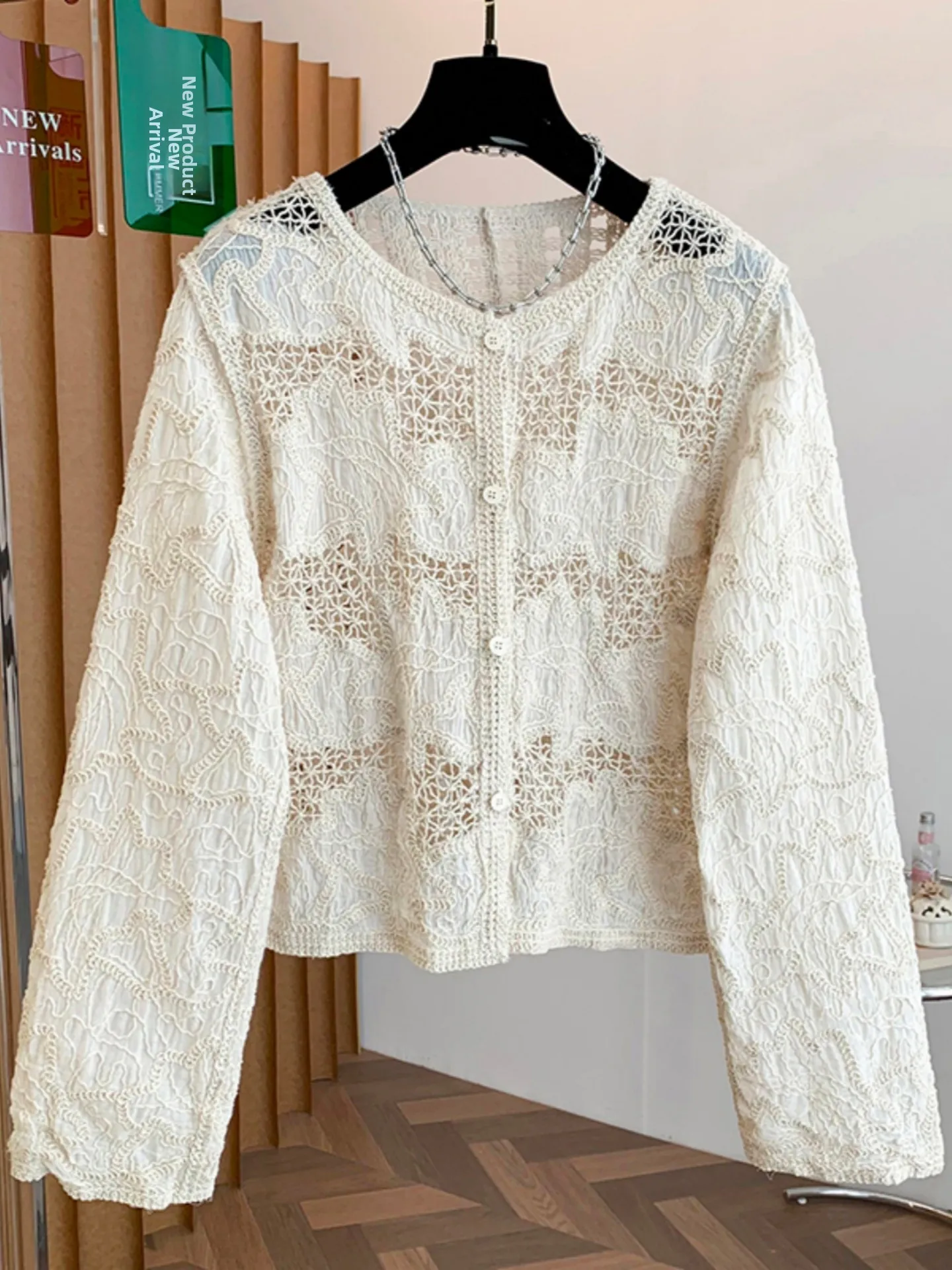 

Hollow out Long Sleeve Shirt Women's Spring Autumn New plus Size Fat MM Slimming Short Top Outerwear Cover up Korean Style