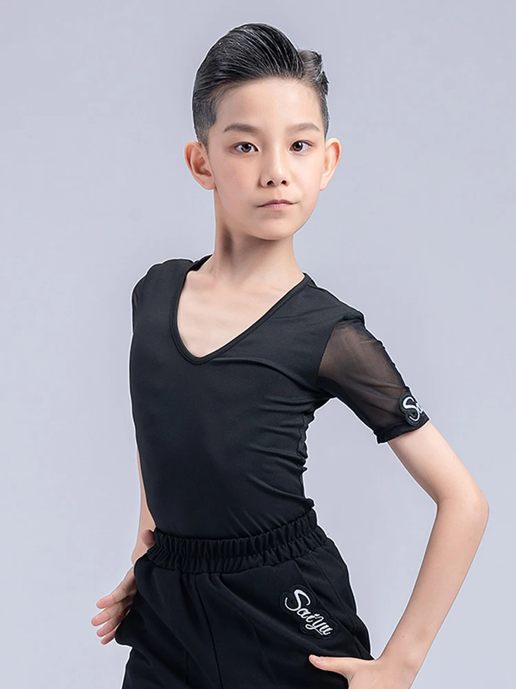 Boys Latin Dance Costume V Neck Mesh Short Sleeves Tops Black Pants Training Outfits Ballroom Dance Competition Clothes DNV17955