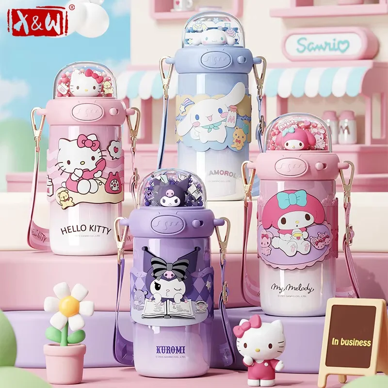 X&W para Sanrio: Termo de Acero Inoxidable con Diseño de Dibujos Animados, Tazas con Pajita y Cuerda de Transporte, Botella de Agua Portátil para Niños Cinnamoroll My Melody