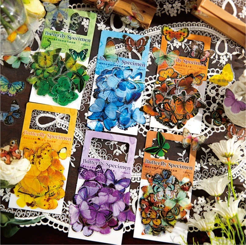 45 PCS/Pack Butterfly Specimen Shadow Series PET Sticker Pack, Butterfly Specimen Themed Decorative Supplies for Journal Collage