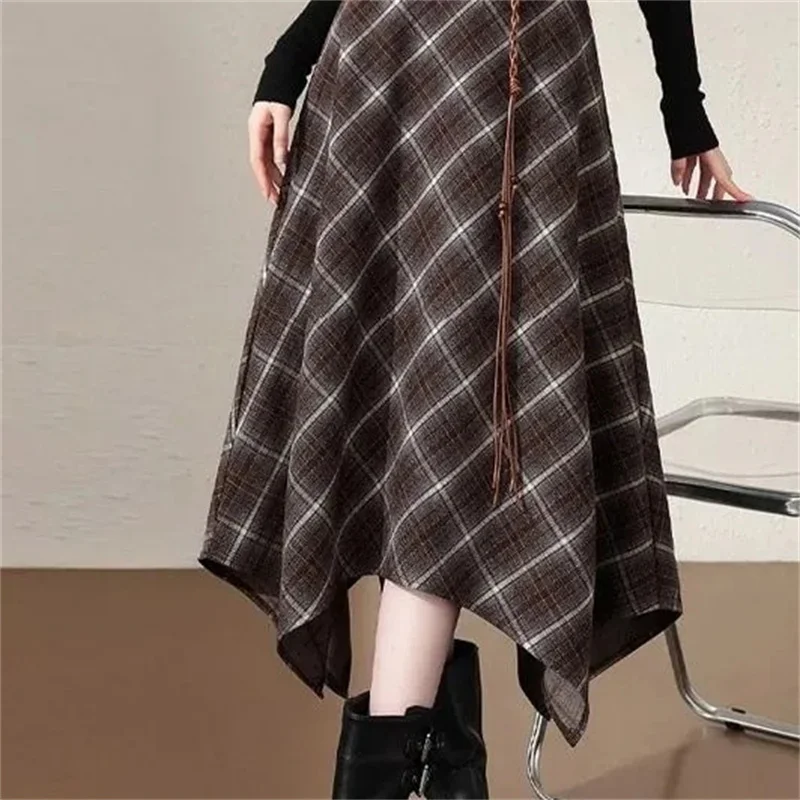 تنورة صوفية للسيدات لربيع وخريف 2026 تنورة كورية جديدة عالية الخصر ثنى طويلة على شكل حرف a غير منتظمة مظلة منقوشة تنورة نسائية #6