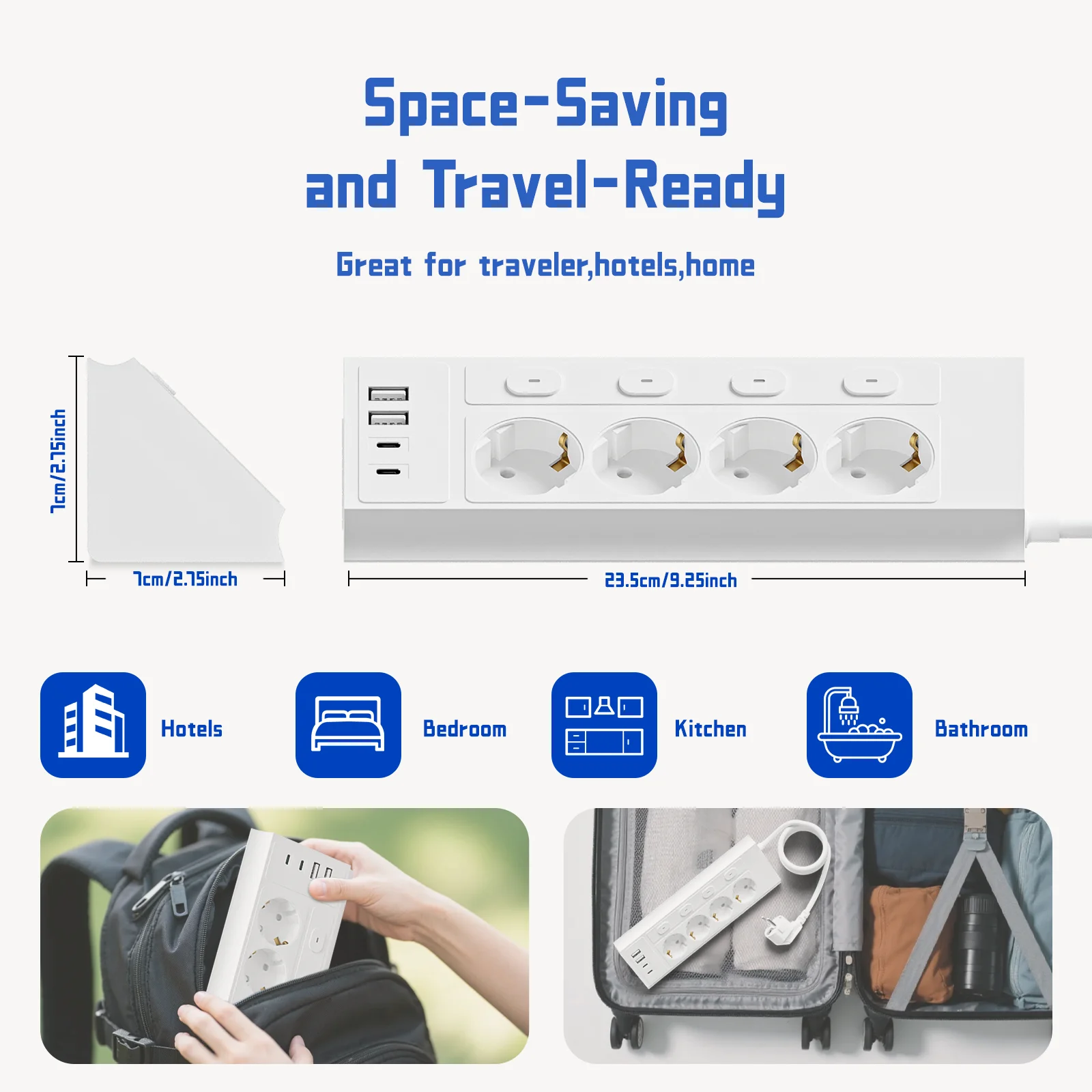 8-in-1 EU 4-switch power strip, 1.5-meter extension power strip, 4 AC sockets, 2 USB 2 Type-C ports, corner power strip, indepen