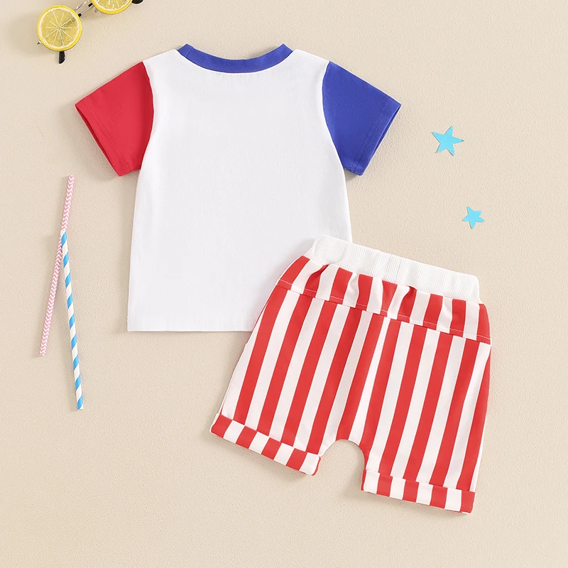 Toddler Boy 4th of July Outfit Letter Embroidery Short Sleeve T-Shirt with Stripe Shorts for Independence Day