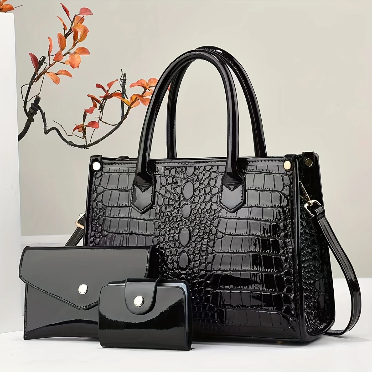 Crocodile Pattern PU Women's Set: Luxury Tote & Clutch Combo, Vintage Office Bag