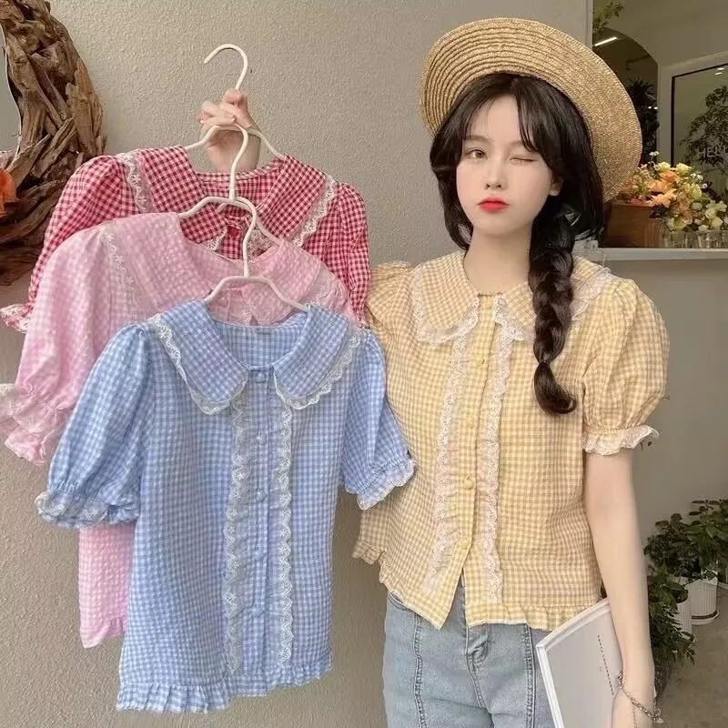 Lolita Plaid Shirts Women Summer Lace Embroidery Ruffles Short Sleeve Blouses Sweet Kawaii Schoolgirl Y2k Tops Blusas Mujer