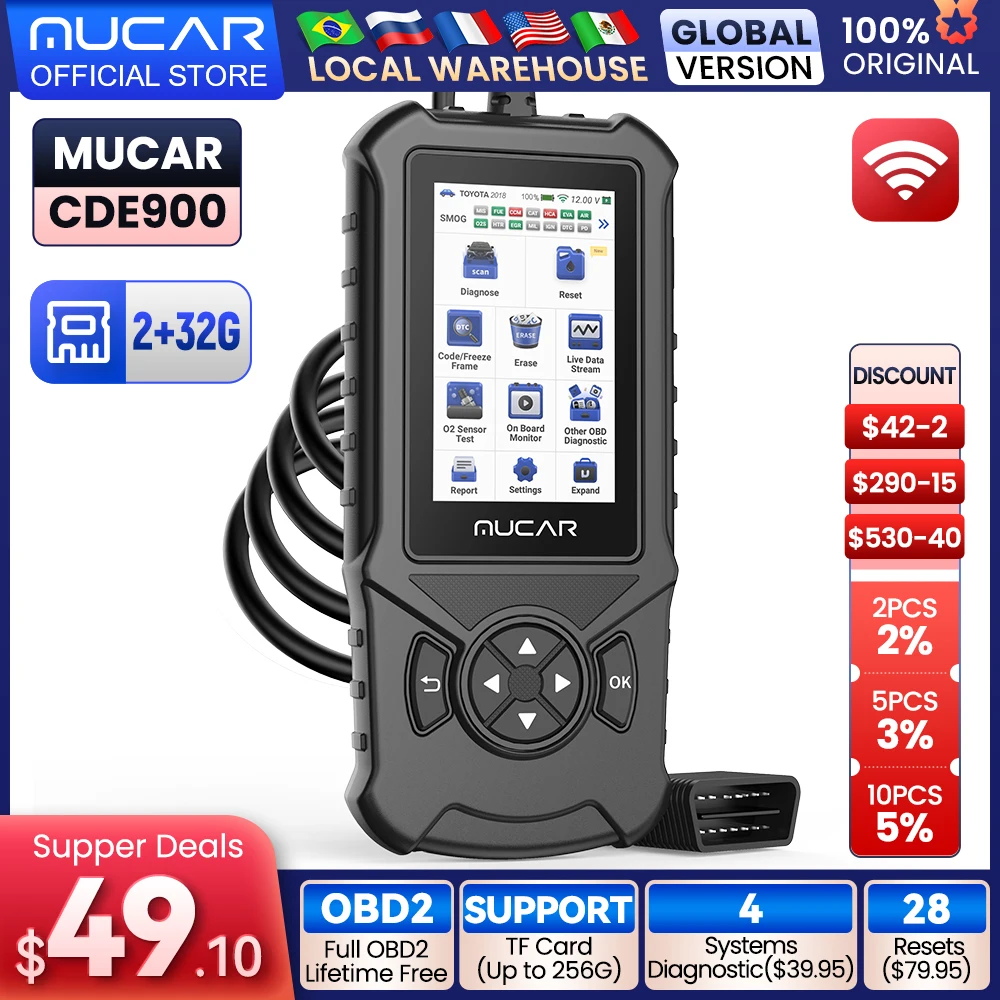 MUCAR-Outils de diagnostic automatique de voiture, lecteur de code automobile, EAU OBD2, moteur de contrôle, PK ELM327, gratuit à vie, CDE900, Obd2