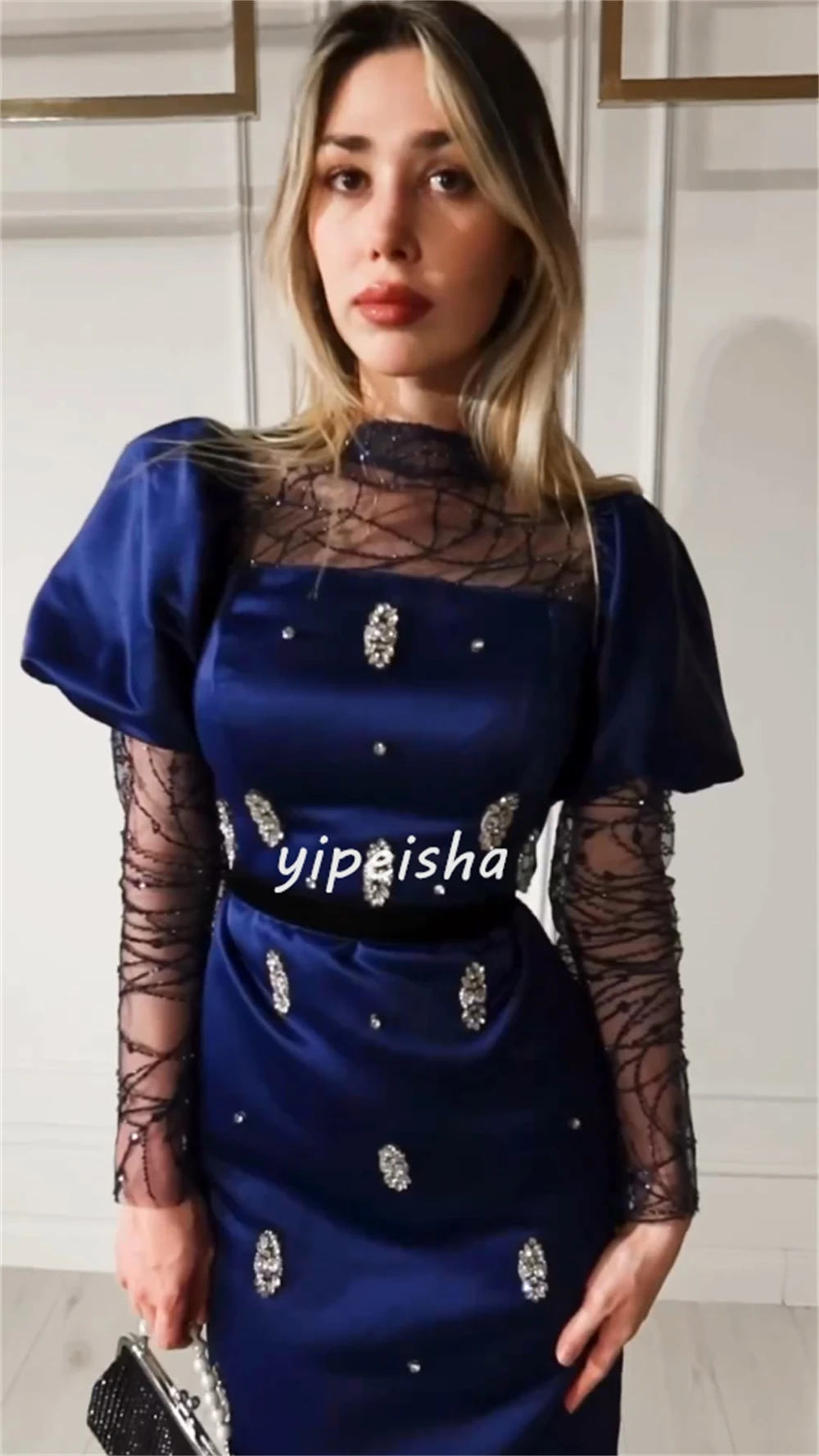 Vestido Midi de satén con lentejuelas y cuentas, traje fruncido de plumas para fiesta, cuello alto, a medida