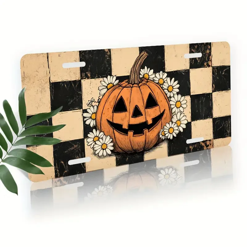 2D Flat - [Open ]2D Flat Car P, 2D Flat, 1pc, License Plate, Halloween Pumpkin License Plate Frame, with Sunflower Decoration, S