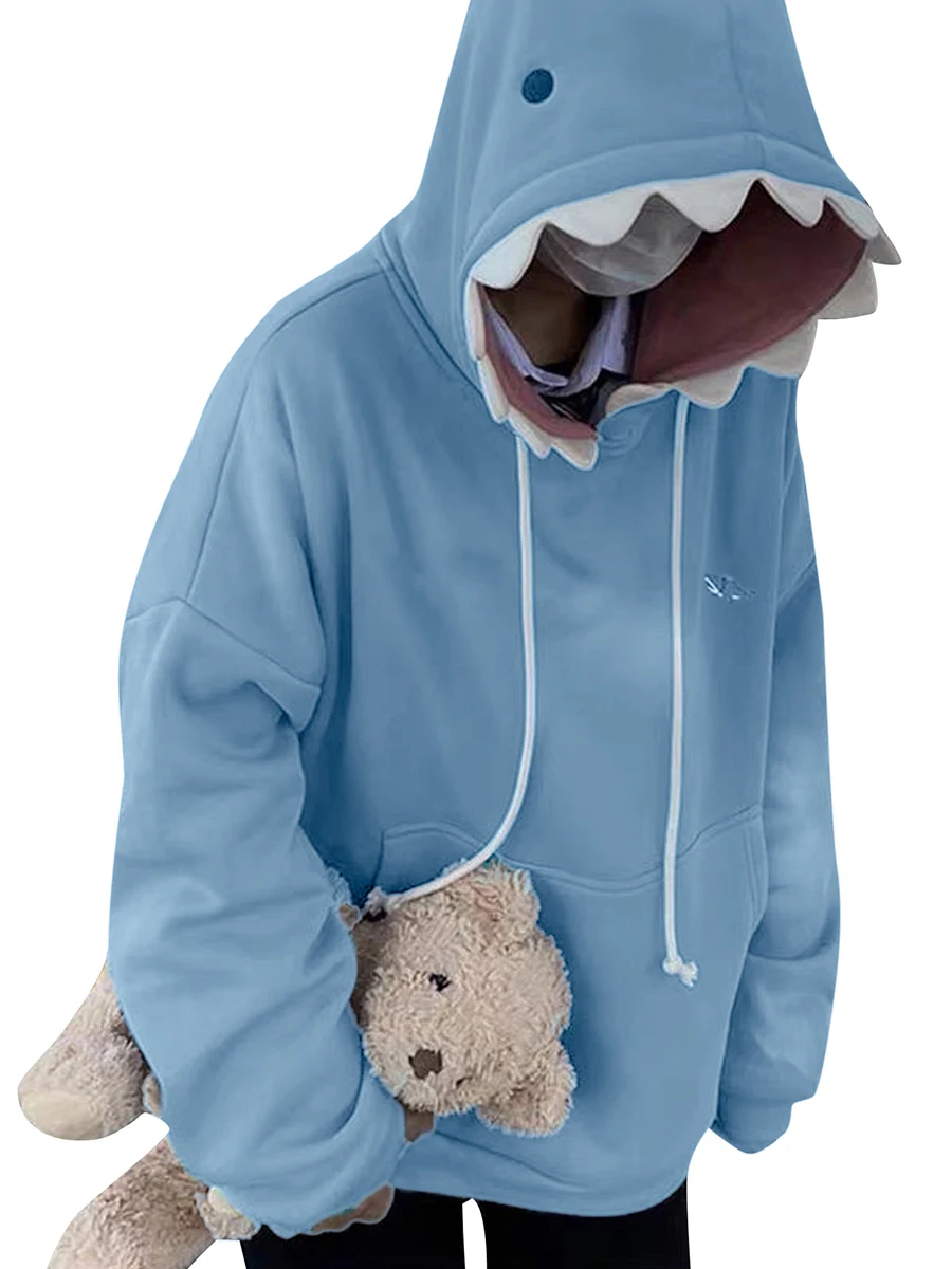 Women Cute Shark Hoodie Long Sleeve Blue Kawaii Animal Shark Shape Hooded Pullover Oversized Aesthetic Sweatshirts for Teen