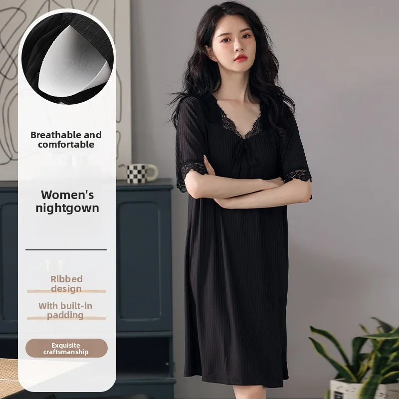

Sweet Ice Silk Short Sleeve Women's Nightgown Home Clothes Thin Fabric Summer Comfortable Home Dress Polyester Fiber Middler ...