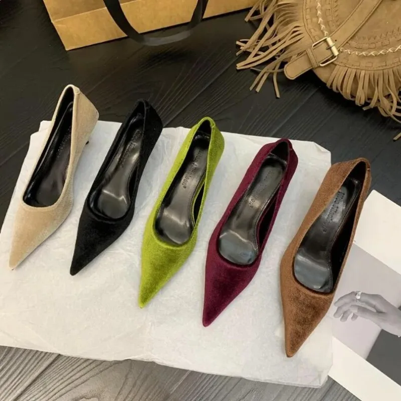 2024 Flashion Heels Shoes Women Low Heel Pointed Toe Pumps Velvet Shoes Slip-on Cozy Heeled Shoes High Heels Women Zapatos Mujer