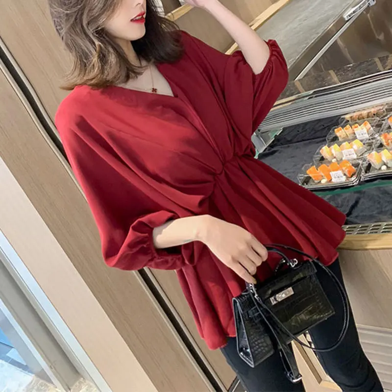 Women Summer Fashion Office Lady Simplicity V-neck Chiffon Shirts Women Clothes Elegant Temperament All-match Casual Loose Tops