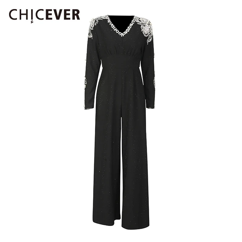 

CHICEVER Black Spliced Diamond Jumpsuit Female V Neck Long Sleeve Slimming Elegant Intellectual Women's Jumpsuits Autumn Fashion