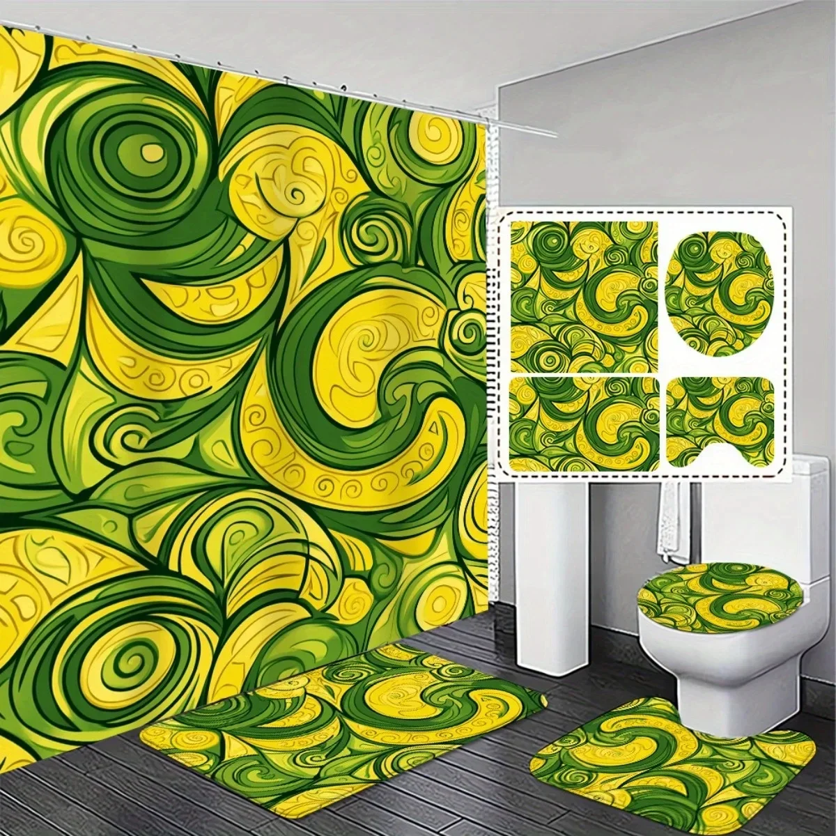 4pcs  Vibrant Swirl Pattern Shower Curtain & Non-Slip Bath Mat Set - Green & Yellow Abstract Design, Polyester, Machine Washa
