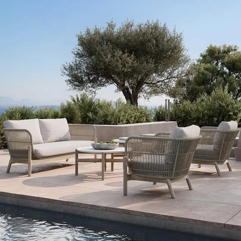 

Outdoor solid wood sofa combination villa courtyard rattan furniture outdoor waterproof and sun protection open-air balcony coff