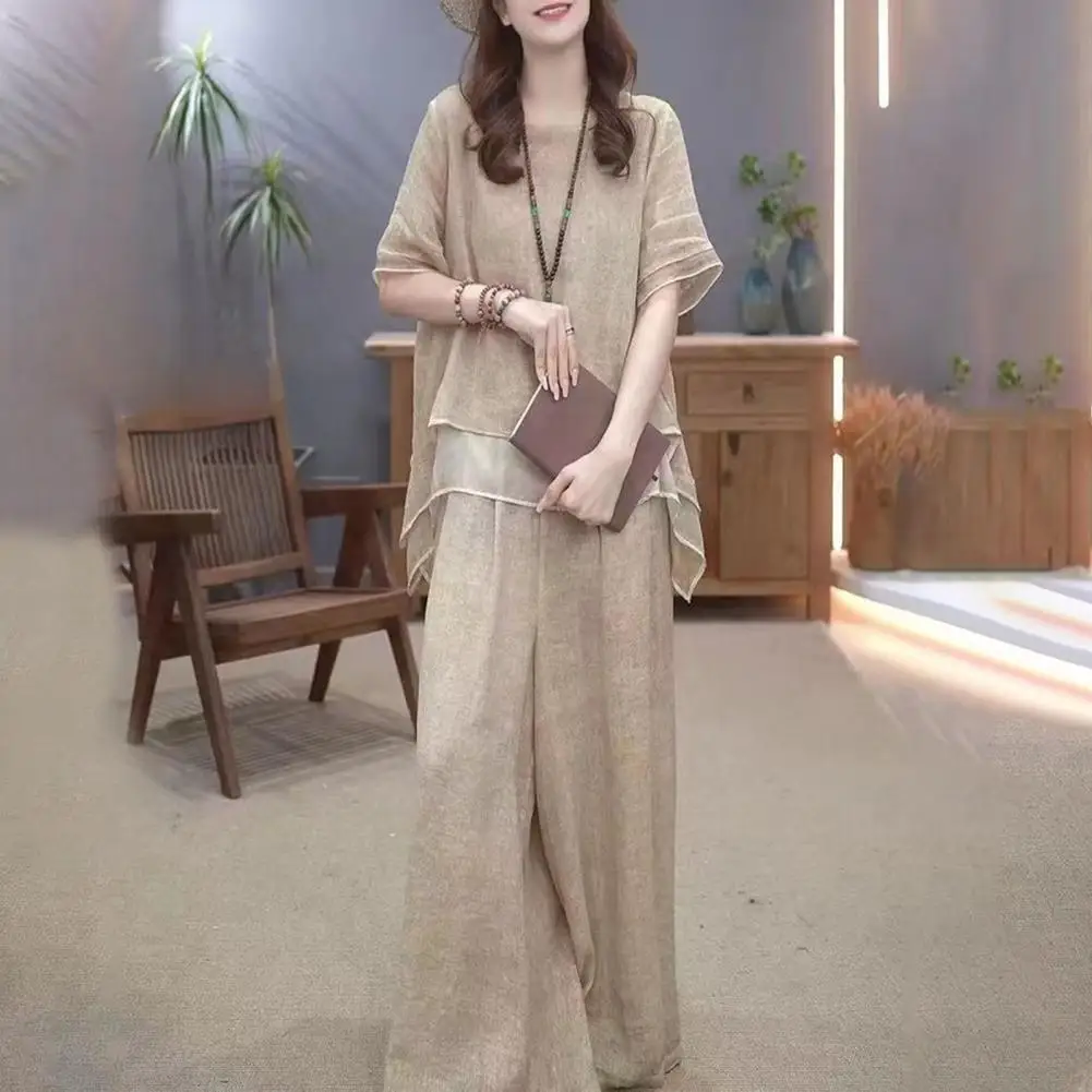 Fashion Solid Chiffon Suit For Women Casual Round Neck Bat Sleeves Sequin Top Wide Leg Pants Two Piece Set Summer New