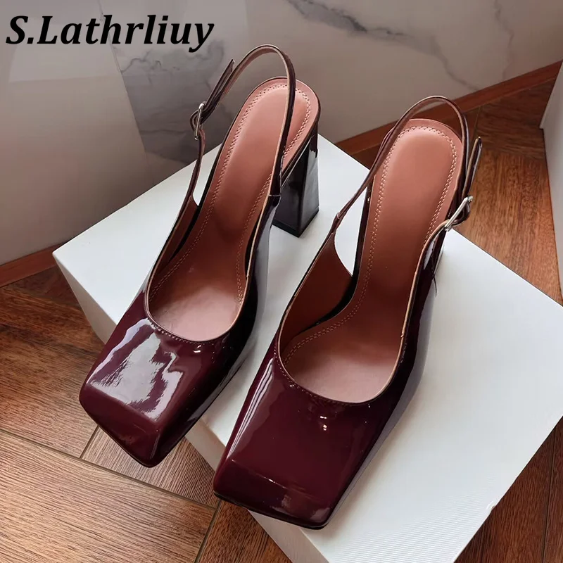 

Spring Summer New Square Toe Closed Toe Sandals Women's Shallow Mouth Back Strap Exposed Heels Pumps Female Banquet Dress Shoes