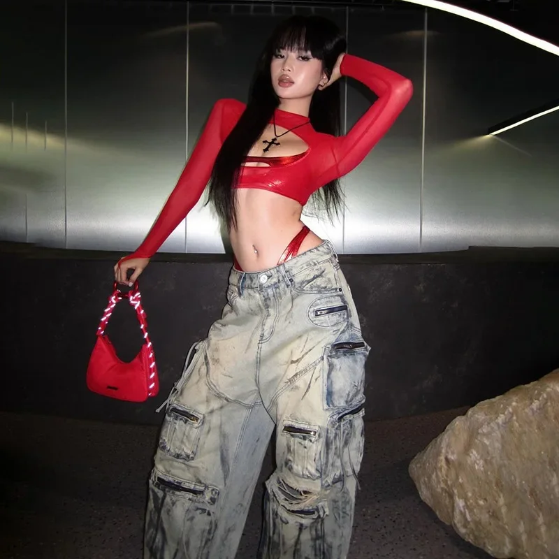 Hollow Out T Shirts For Women Mini 2 Pcs Set Rave Outfits Mesh Crop Top Skinny Camisole Ropa De Mujer See Through Y2k Clothes