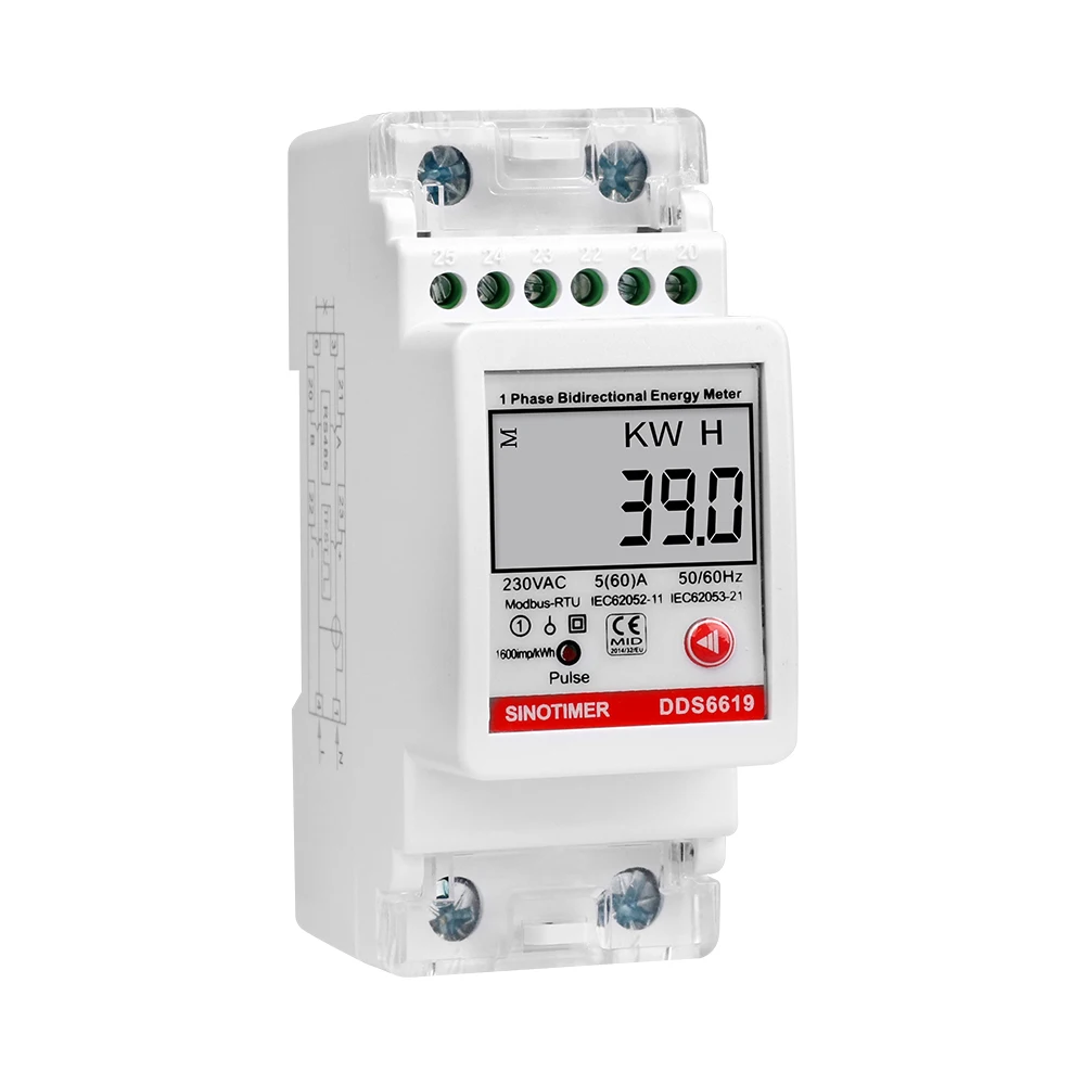 DDS6619-039 AC 230V DIN-Rail Multifunction Single-Phase Energy Meter 2P - RS485 Modbus Communication Bidirectional Metering