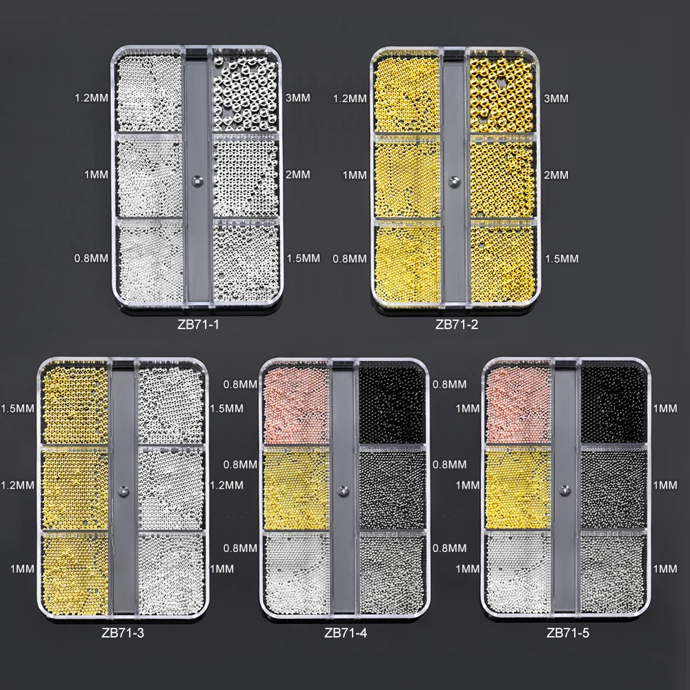 6 Grids Gold/Silver Stainless Steel Beads 3D Nail Art Charms 0.8-3mm Mixed-Size Metal Caviar Ball Gems DIY Luxury Manicure Part