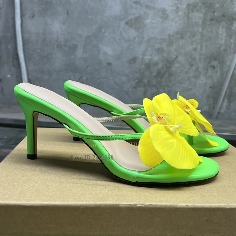 Neon Green Yellow Flowers Slip On Mules Thin Heeled Open Toe Petal Pumps Stiletto Heels Wedding Party Women High Heel Shoes