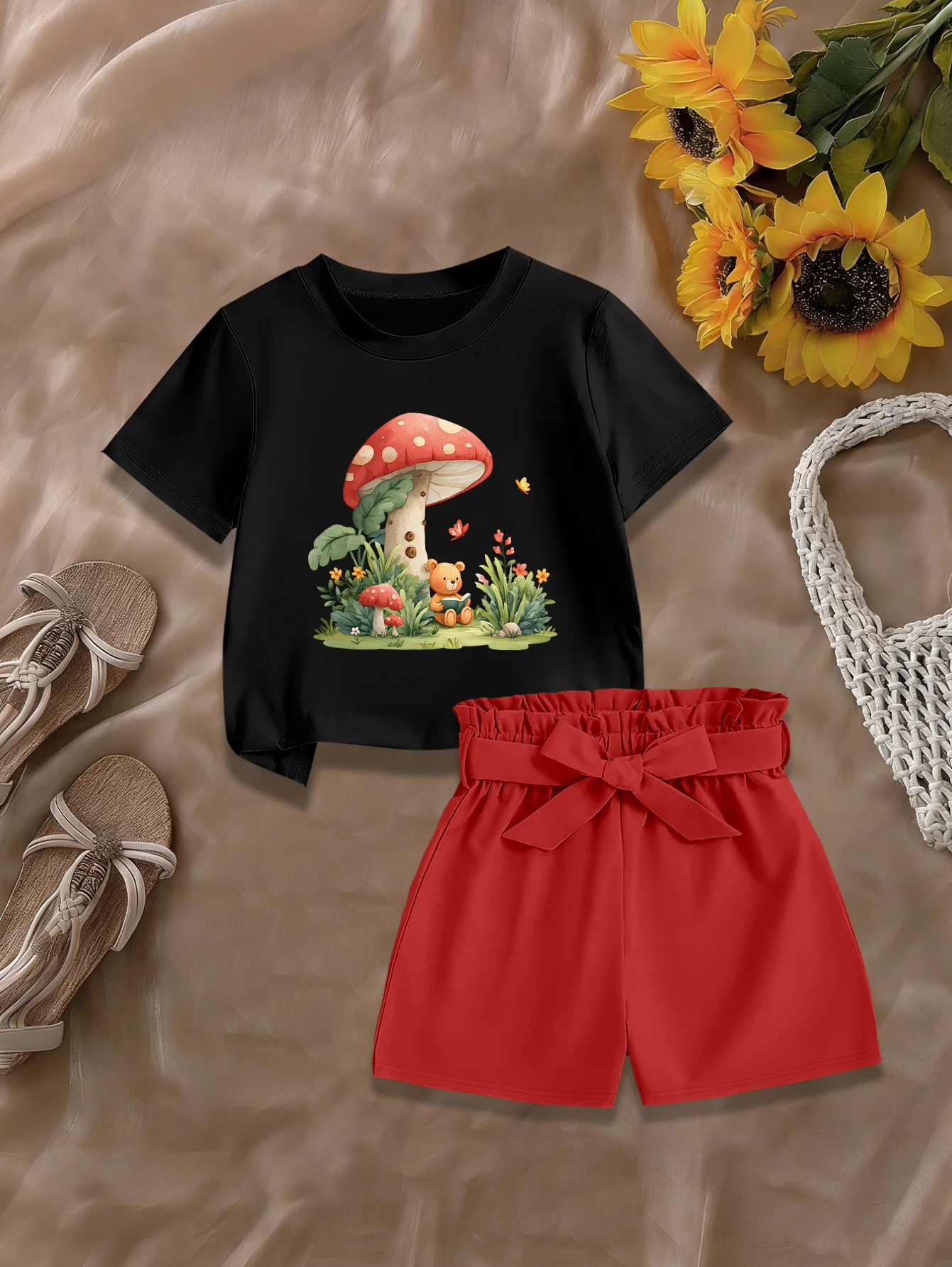 2 pieces: Girls Sweet Cute Outfit Bear Sitting Under Mushroom T-shirt Woven Bow Knot Shorts