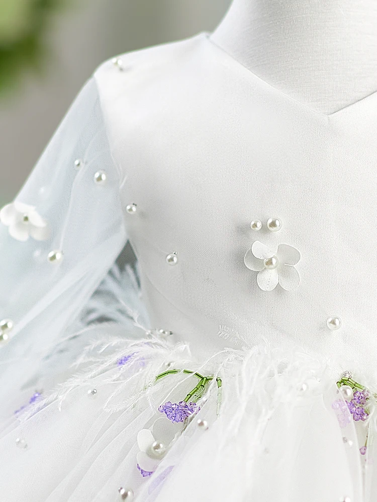 Gaun Putri Bayi Gaun Satin Mutiara Gaun Pesta Anak-Anak dengan Pita dan Jaring Lengan Panjang untuk Ulang Tahun