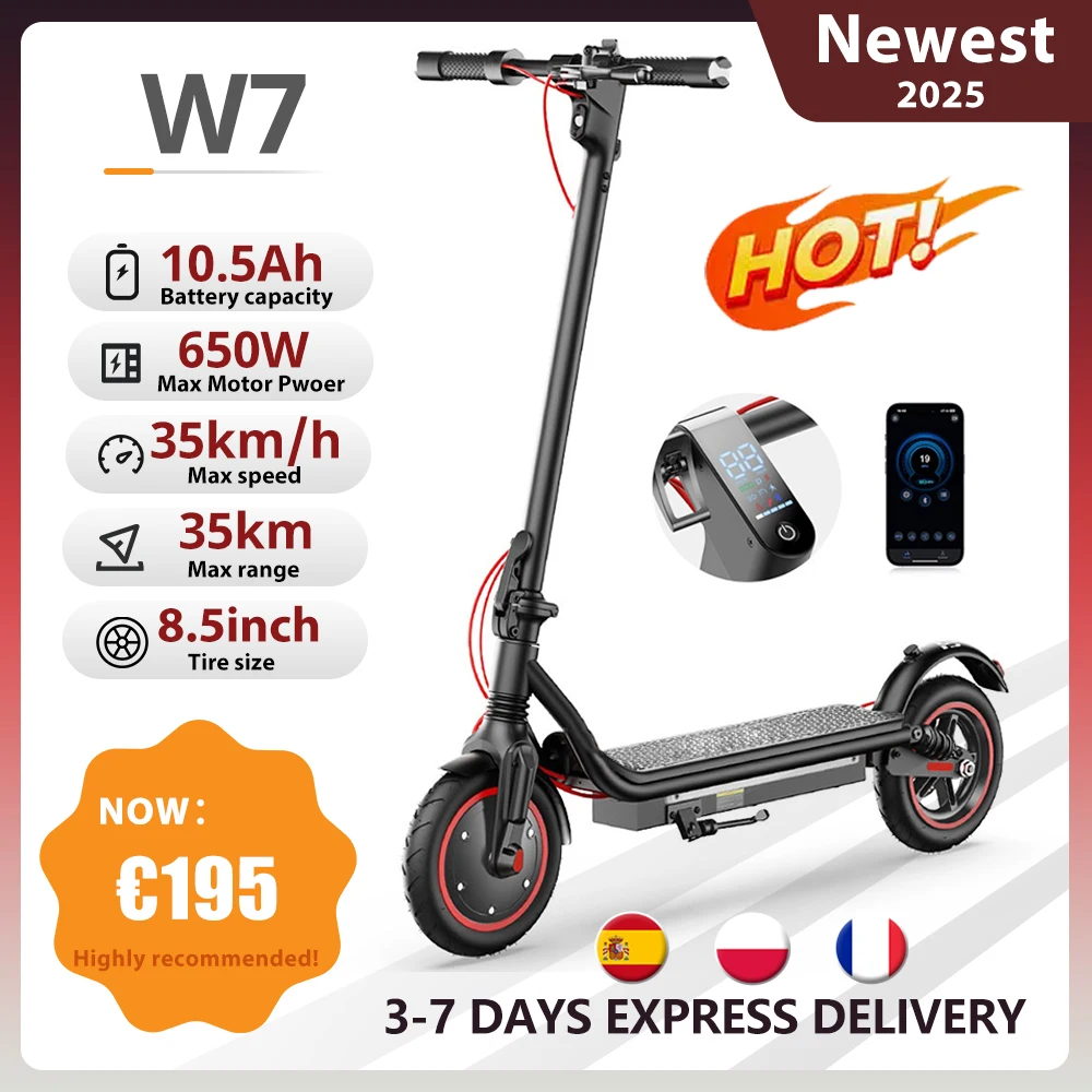 Patinete eléctrico W7, 8,5 pulgadas, 36V, 10,5Ah, batería de 650W, Motor de 25-35km de alcance, modos de 4 velocidades, 35 km/h, amortiguadores dobles