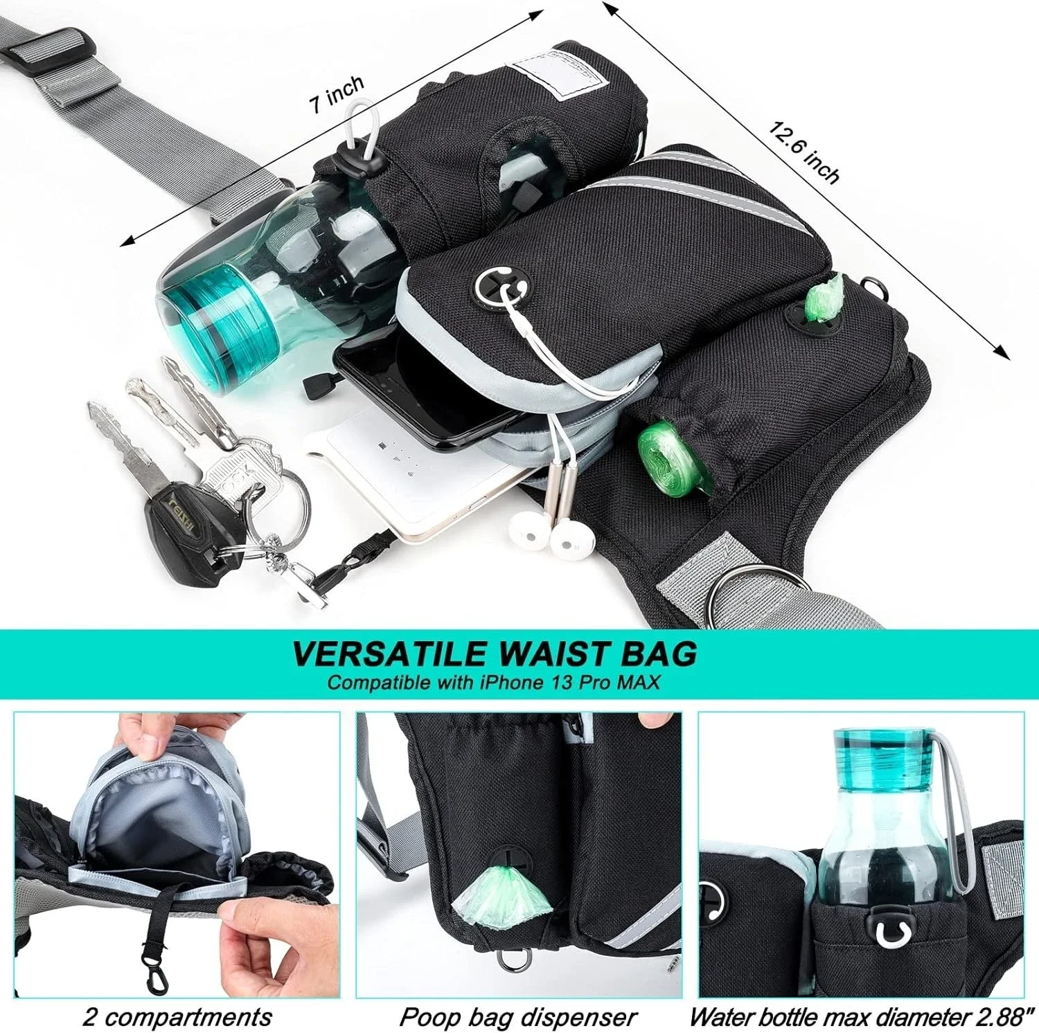 Adjustable Waist Belt Bag, Training Pouch with Retractable Hands Free Dog, Reflective Stitching Leash for Running Walking Hiking