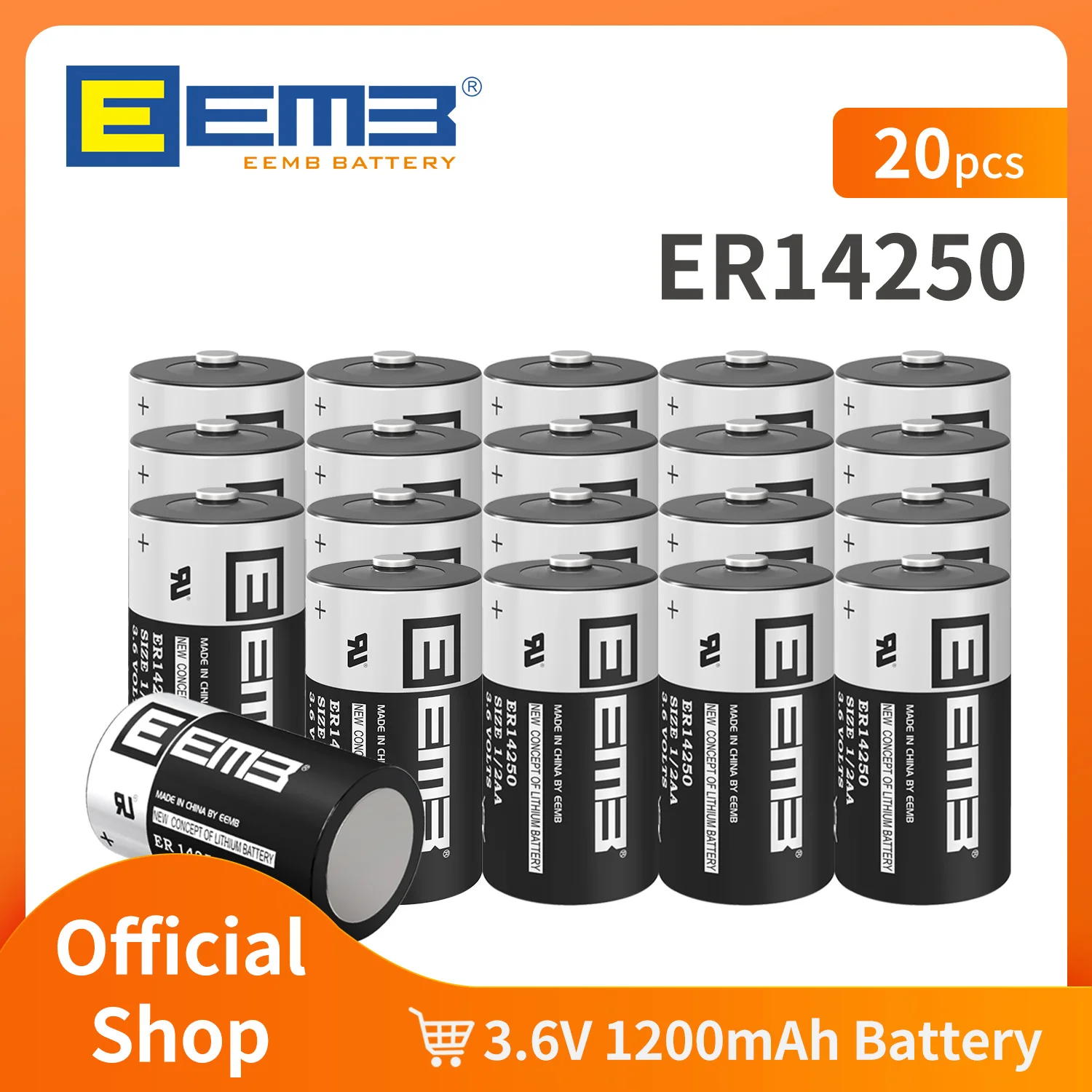 

EEMB ER14250 battery 3.6V lithium battery 1/2 AA 1200mAh Li-SOCl2 non rechargeable LS14250 for sensor instruments (20PCS)