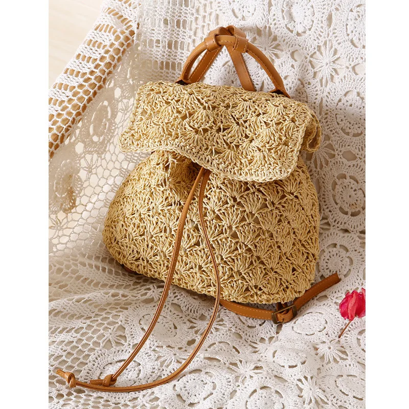 Summer Straw Backpack Bag for Women Woven Handmade Handbag Large Capacity Lady Tote Vacation Beach Bag Shoulder Crossbody Bag