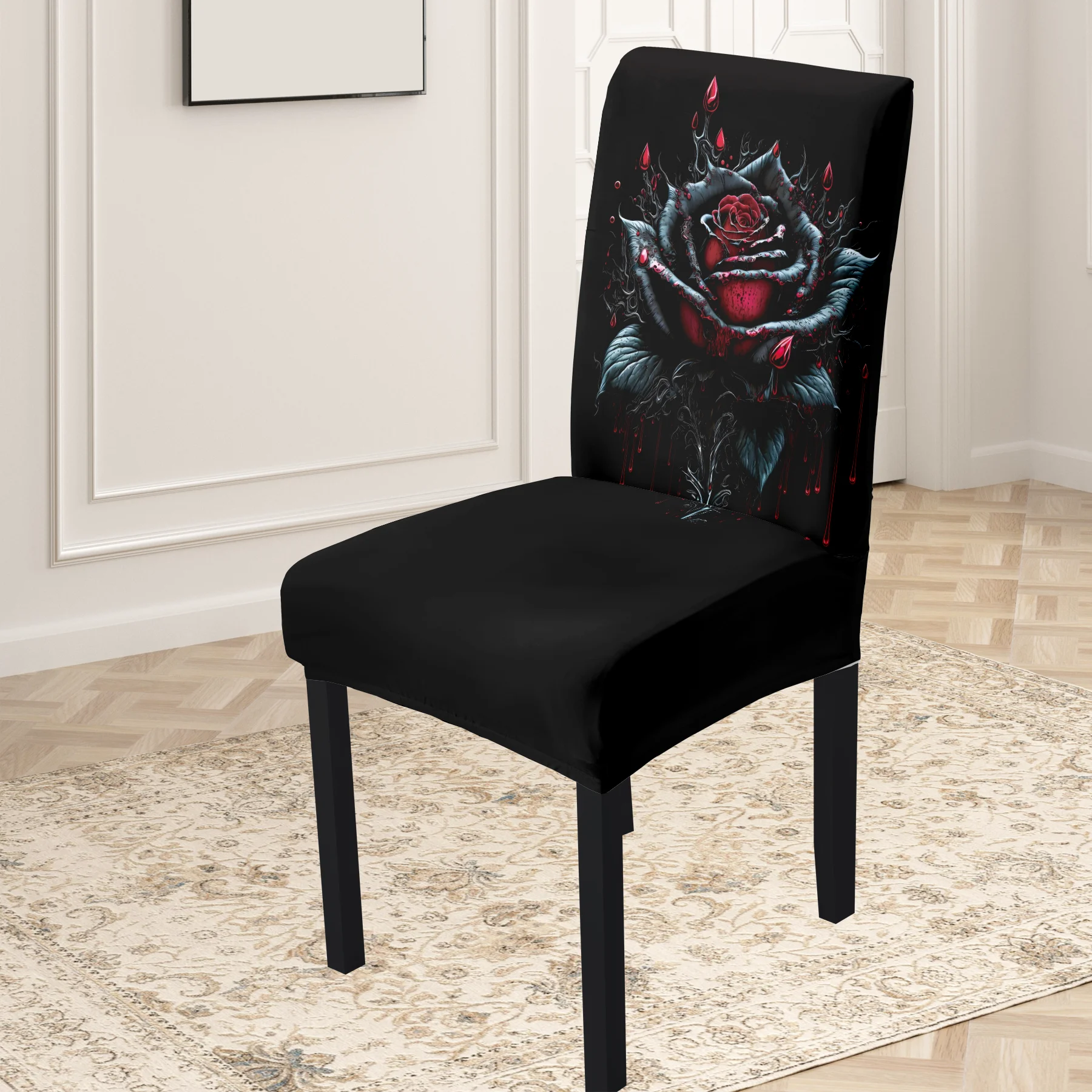 2D 2026 New Elastic Full - Coverage Chair Cover, Romantic Bloody Rose Printed, Washable & Fade - Resistant