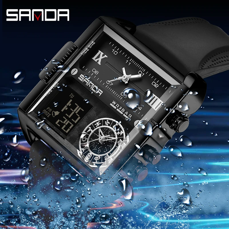 Sanda square dial três-display multi-função relógio eletrônico relógio masculino quartzo eletrônico duplo movimento relógio masculino 9008