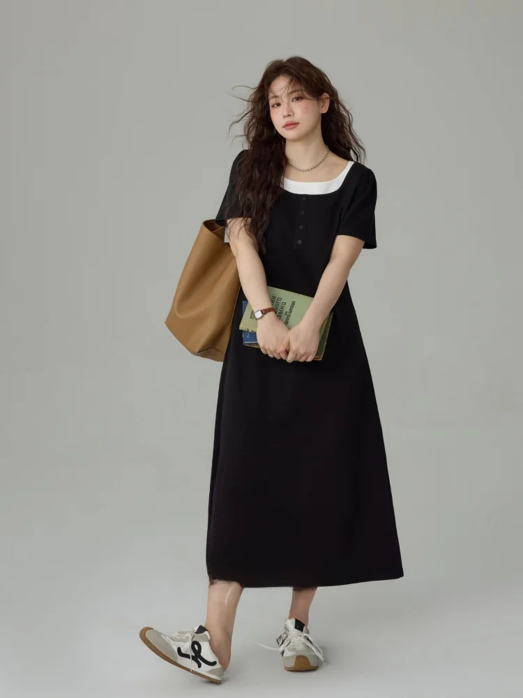 

plus Size Women's Summer New Design Slimming Black Square Collar Short Sleeve Fake Two-Piece Dress Korean Style A-Line Cotton...