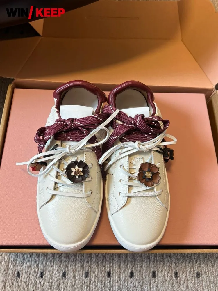 Vintage Women Low Cut Cowhide Genuine Leather Skateboard Shoes Sweet Floral Ladies Outdoor Sport Shoes New Mixed Colors Sneakers